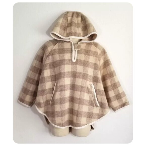 Woolrich Beige Buffalo Plaid Check Hoodie Hooded Pullover Popover Cape Poncho - Picture 2 of 7